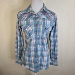 Cowgirl Hardware Pearl Snap Western Shirt Womens Small Blue Plaid Embroidered